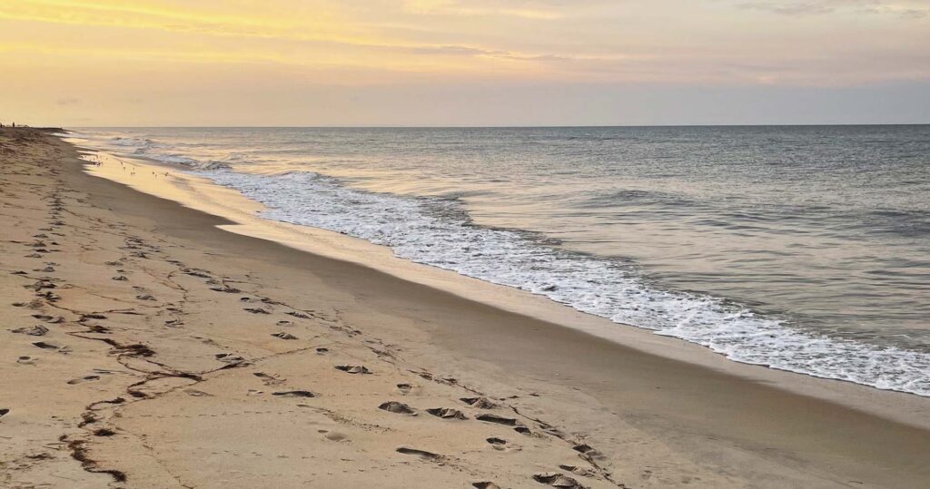 shoreline with rising or setting sun