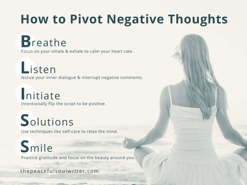 Graphic depicting how to improve positive thinking with the acronym BLISS.